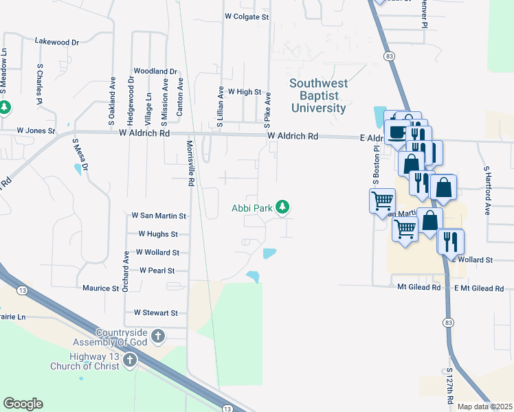 map of restaurants, bars, coffee shops, grocery stores, and more near 332 Aspen Street in Bolivar