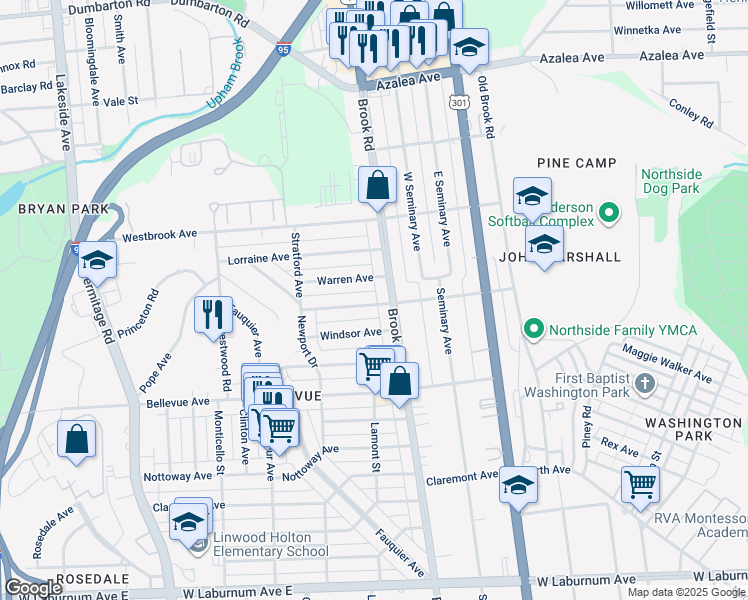 map of restaurants, bars, coffee shops, grocery stores, and more near 1206 Westminster Avenue in Richmond