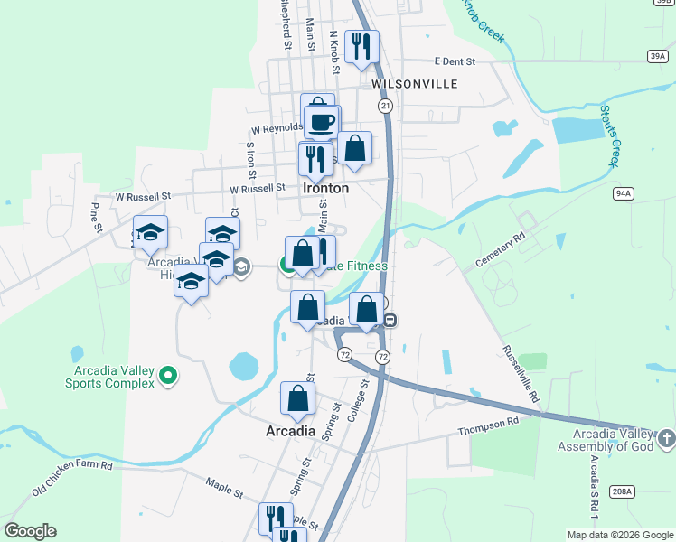 map of restaurants, bars, coffee shops, grocery stores, and more near 363 South Main Street in Ironton