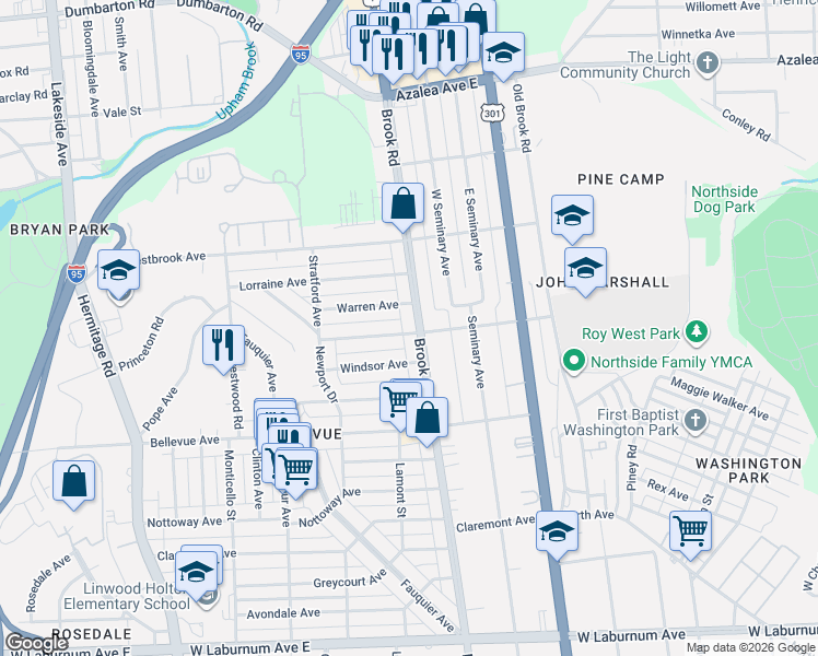 map of restaurants, bars, coffee shops, grocery stores, and more near 1209 Warren Avenue in Richmond