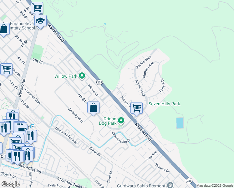 map of restaurants, bars, coffee shops, grocery stores, and more near 138 Donoso Plaza in Union City