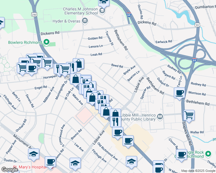 map of restaurants, bars, coffee shops, grocery stores, and more near 5811 Indigo Road in Richmond