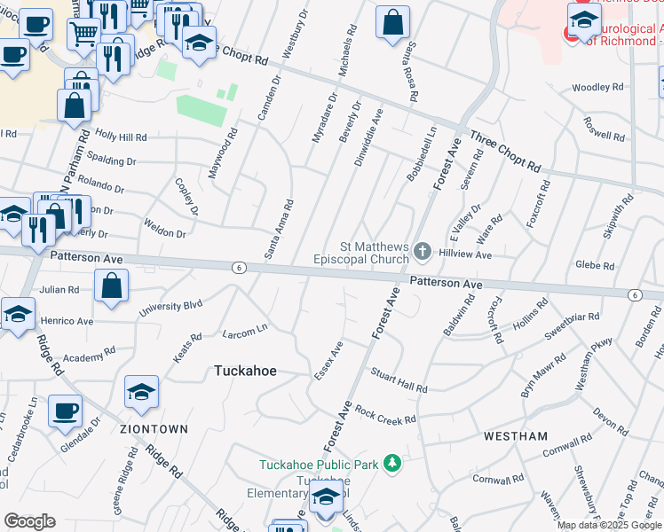 map of restaurants, bars, coffee shops, grocery stores, and more near 8020 Patterson Avenue in Henrico