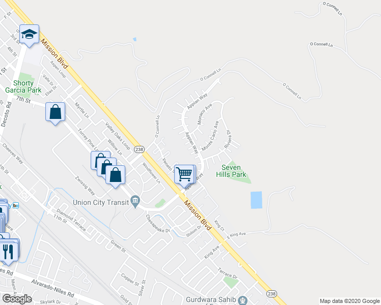 map of restaurants, bars, coffee shops, grocery stores, and more near 234 Appian Way in Union City