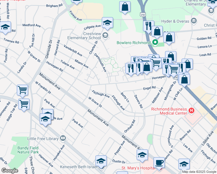 map of restaurants, bars, coffee shops, grocery stores, and more near 6611 Horsepen Road in Richmond