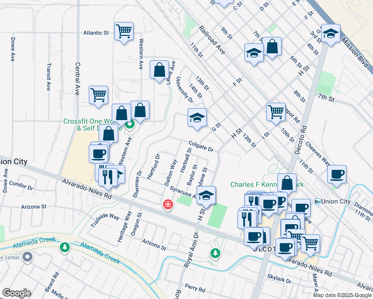 map of restaurants, bars, coffee shops, grocery stores, and more near 1737 Hartnell Street in Union City