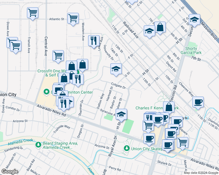 map of restaurants, bars, coffee shops, grocery stores, and more near 1737 Hartnell Street in Union City