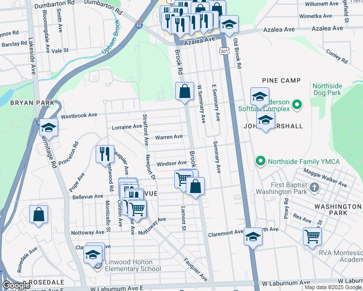 map of restaurants, bars, coffee shops, grocery stores, and more near 1208 Westminster Avenue in Richmond