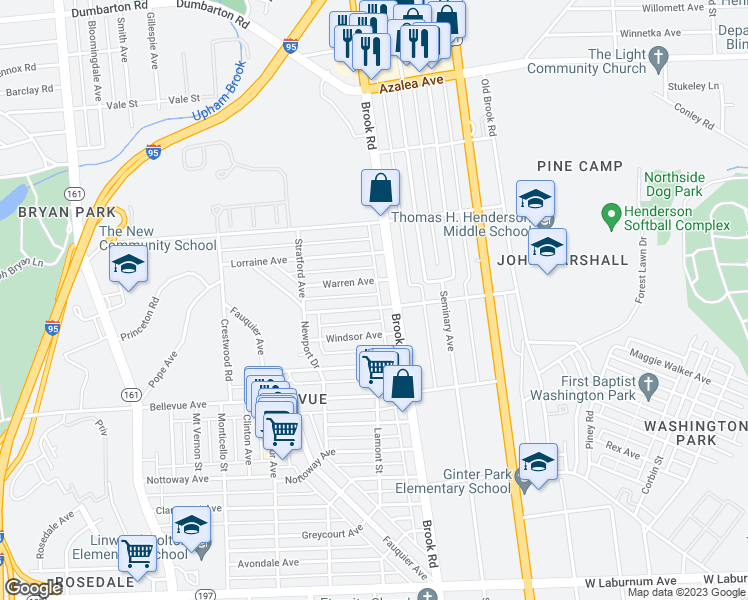 map of restaurants, bars, coffee shops, grocery stores, and more near 1208 Westminster Avenue in Richmond