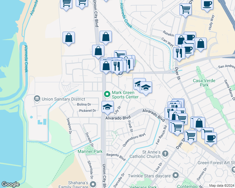 map of restaurants, bars, coffee shops, grocery stores, and more near 3900 Horner Street in Union City