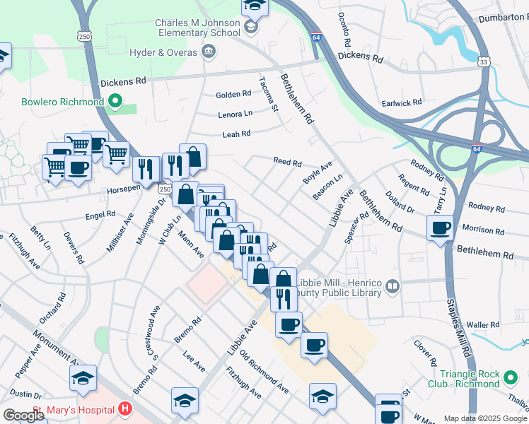 map of restaurants, bars, coffee shops, grocery stores, and more near 5811 Indigo Road in Richmond