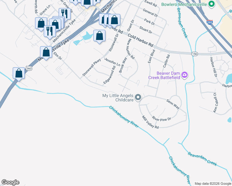 map of restaurants, bars, coffee shops, grocery stores, and more near 7800 Sporting Lane in Mechanicsville