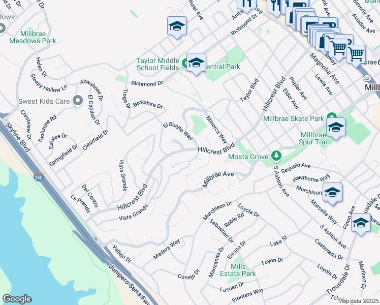 map of restaurants, bars, coffee shops, grocery stores, and more near 1119 Hillcrest Boulevard in Millbrae