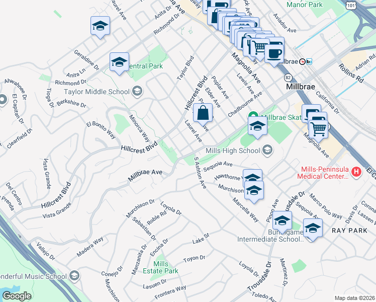 map of restaurants, bars, coffee shops, grocery stores, and more near 9 Ashton Avenue in Millbrae