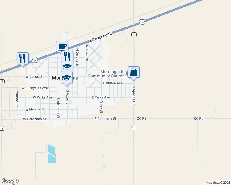 map of restaurants, bars, coffee shops, grocery stores, and more near 104-112 South Monninger Street in Montezuma