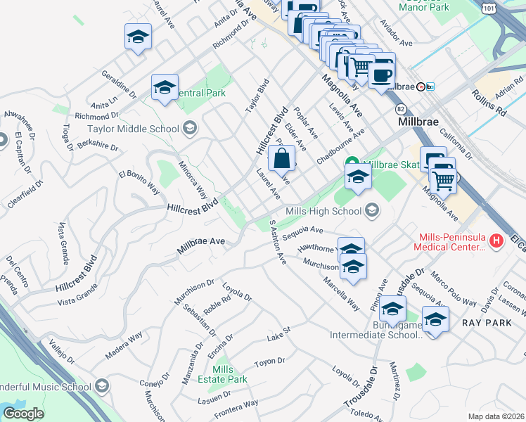 map of restaurants, bars, coffee shops, grocery stores, and more near 9 Ashton Avenue in Millbrae