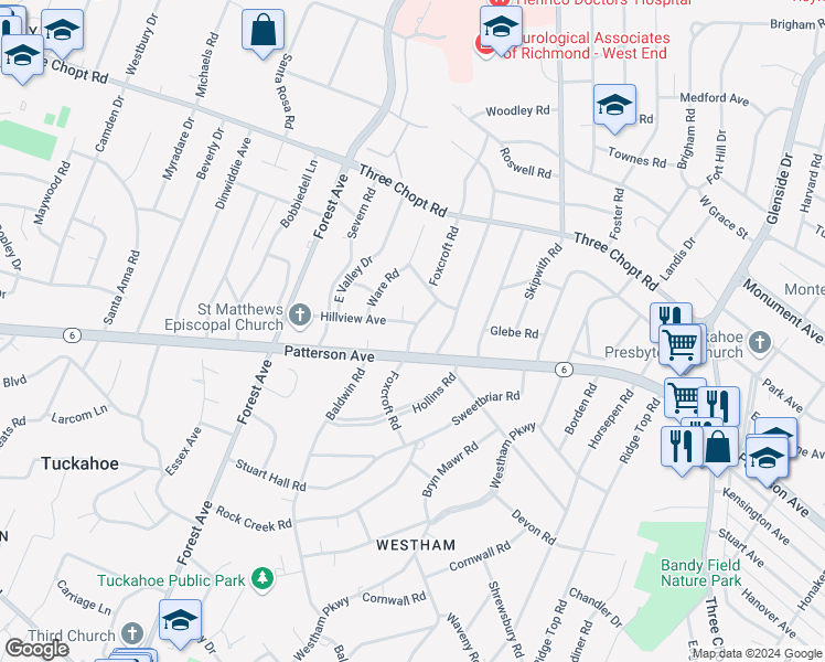 map of restaurants, bars, coffee shops, grocery stores, and more near 1106 Foxcroft Road in Henrico