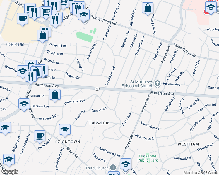map of restaurants, bars, coffee shops, grocery stores, and more near 8200 Patterson Avenue in Richmond