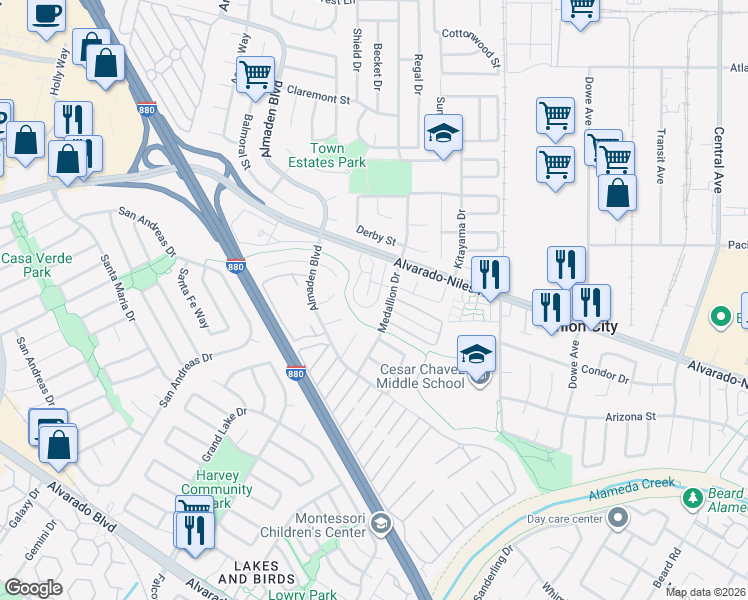 map of restaurants, bars, coffee shops, grocery stores, and more near 2147 Eric Court in Union City