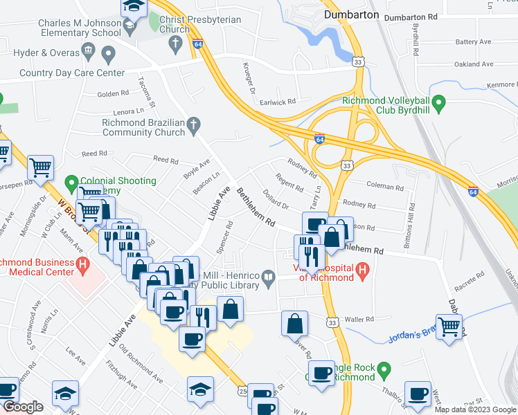 map of restaurants, bars, coffee shops, grocery stores, and more near 5008 Bethlehem Road in Richmond