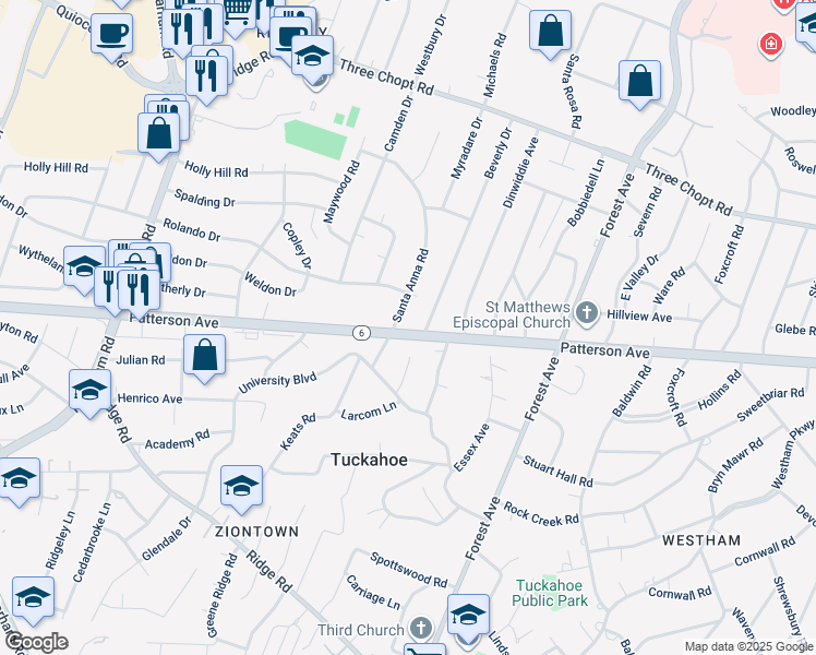 map of restaurants, bars, coffee shops, grocery stores, and more near 8200 Patterson Avenue in Richmond