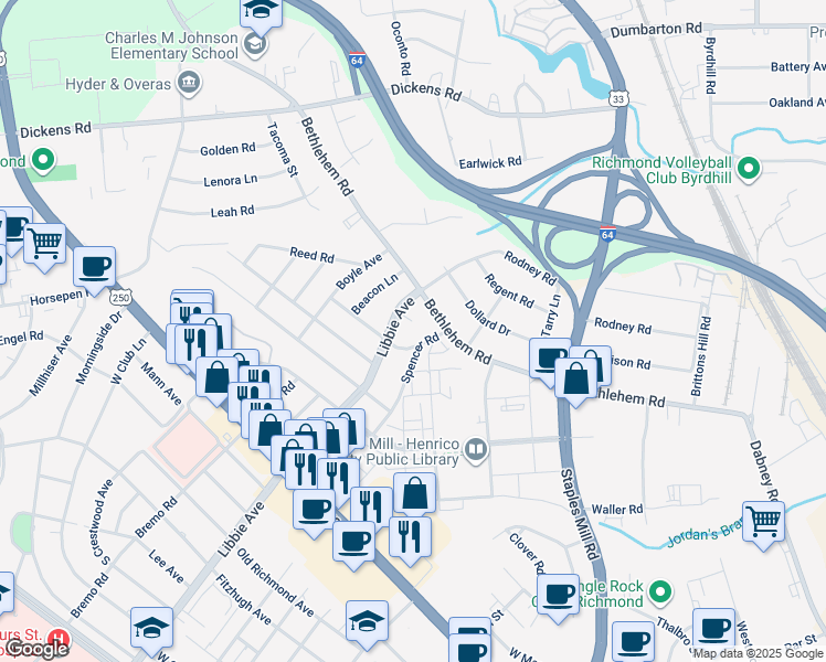 map of restaurants, bars, coffee shops, grocery stores, and more near 2407 Lehigh Circle in Richmond
