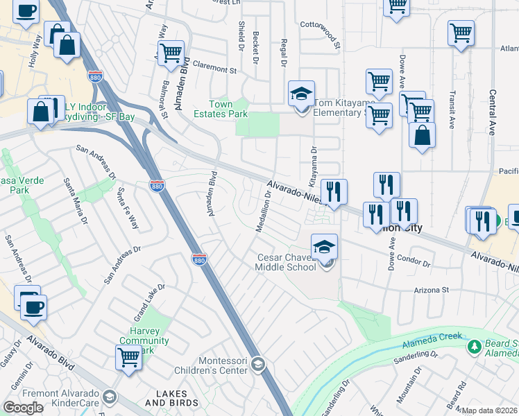 map of restaurants, bars, coffee shops, grocery stores, and more near 2189 Medallion Drive in Union City
