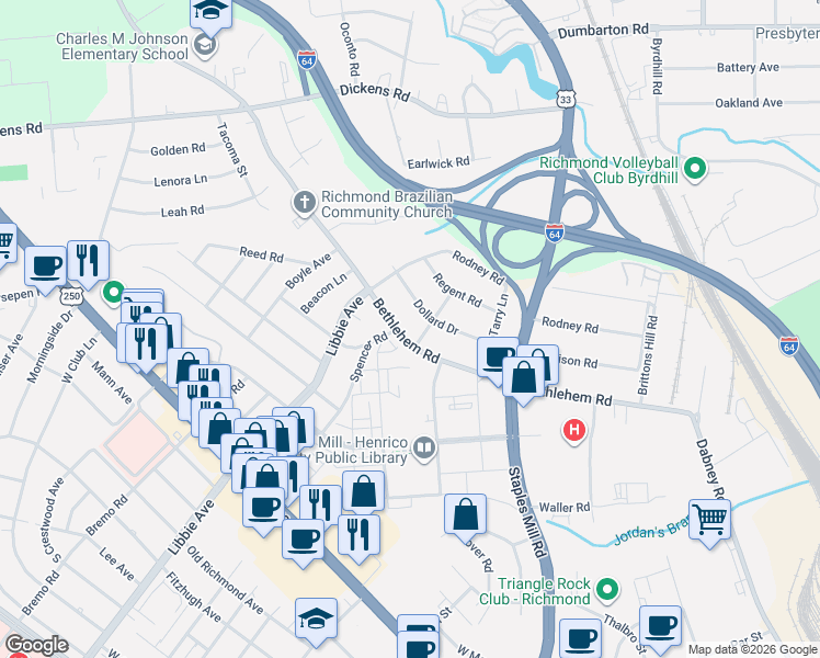 map of restaurants, bars, coffee shops, grocery stores, and more near 5008 Bethlehem Road in Richmond