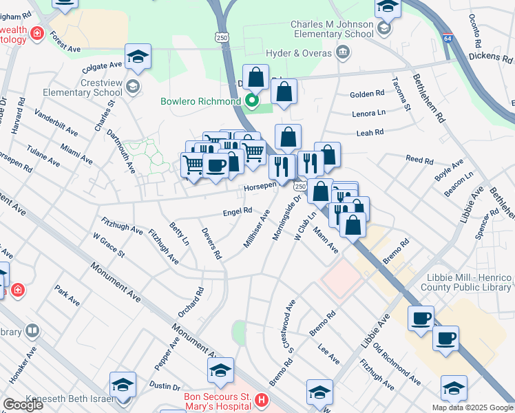 map of restaurants, bars, coffee shops, grocery stores, and more near 6304 Engel Road in Richmond