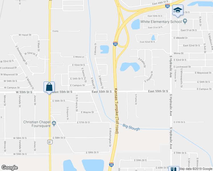 map of restaurants, bars, coffee shops, grocery stores, and more near 5552 South Mosley Court in Wichita