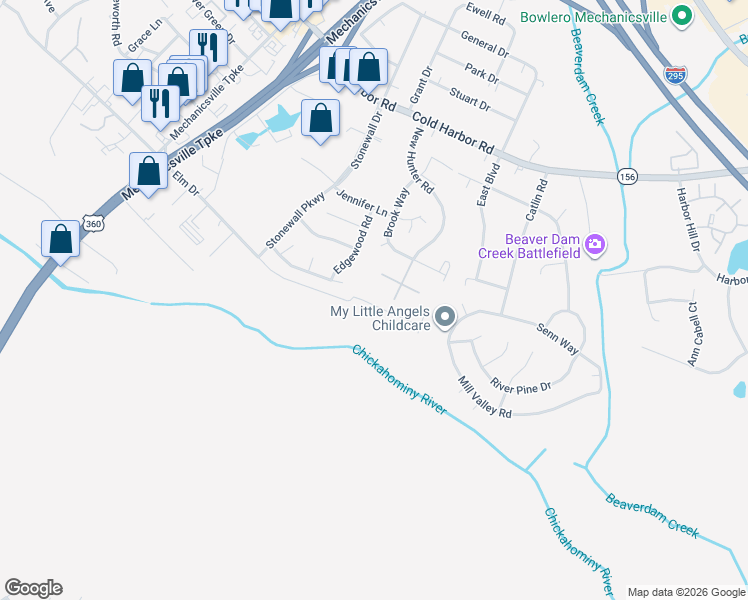 map of restaurants, bars, coffee shops, grocery stores, and more near 7800 Sporting Lane in Mechanicsville