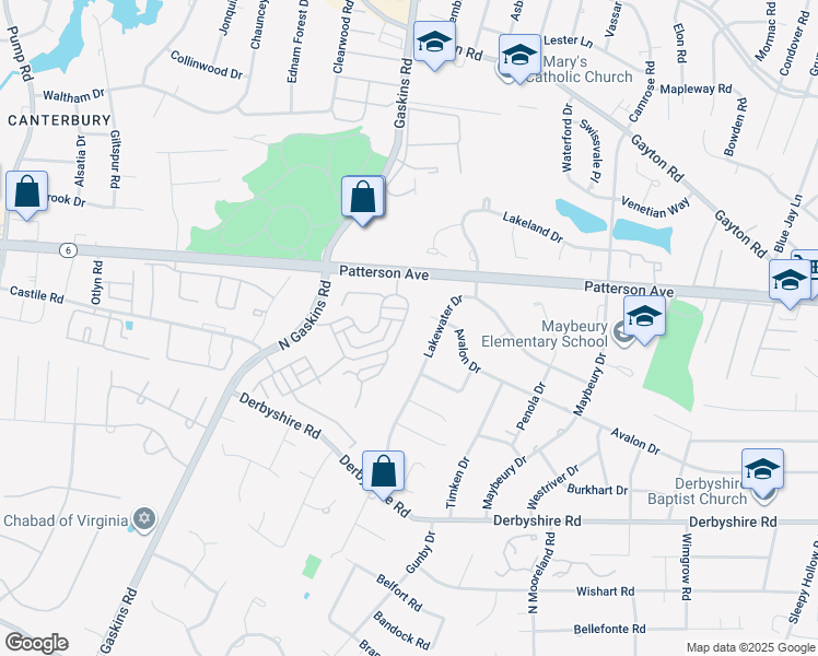map of restaurants, bars, coffee shops, grocery stores, and more near 1217 Hyde Lane in Henrico