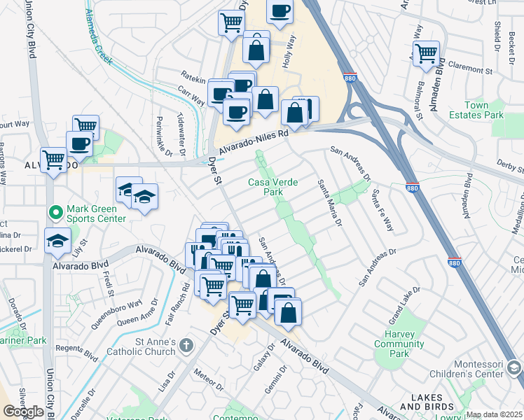 map of restaurants, bars, coffee shops, grocery stores, and more near 3255 San Pablo Way in Union City