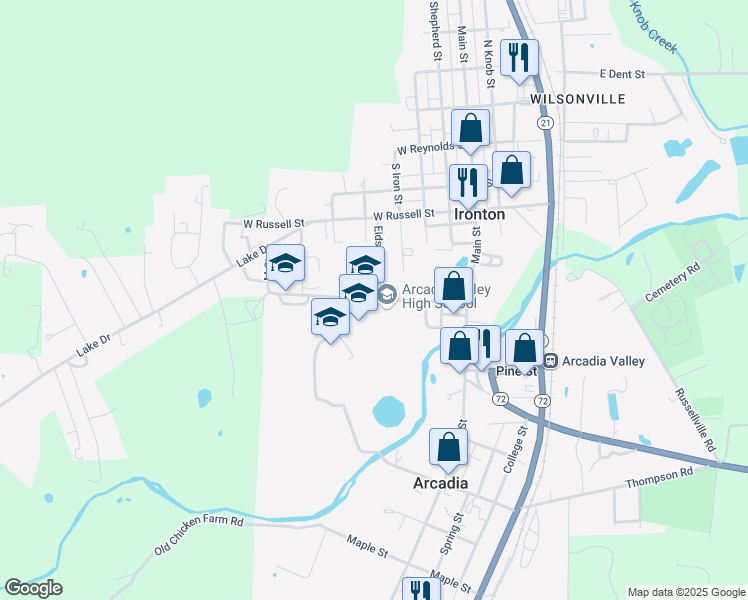 map of restaurants, bars, coffee shops, grocery stores, and more near 650 West Park Drive in Ironton
