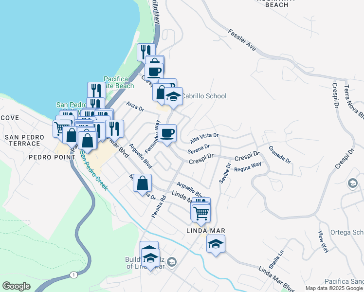 map of restaurants, bars, coffee shops, grocery stores, and more near 768 Alta Vista Drive in Pacifica