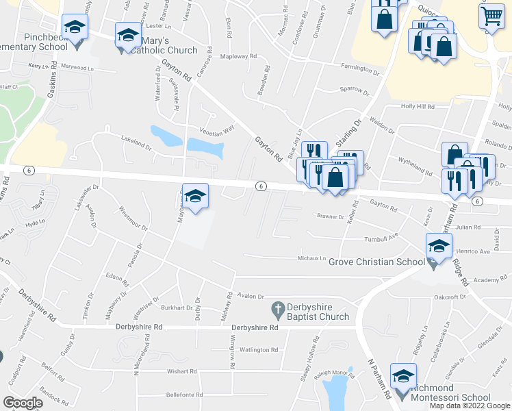 map of restaurants, bars, coffee shops, grocery stores, and more near 9201 Patterson Avenue in Richmond