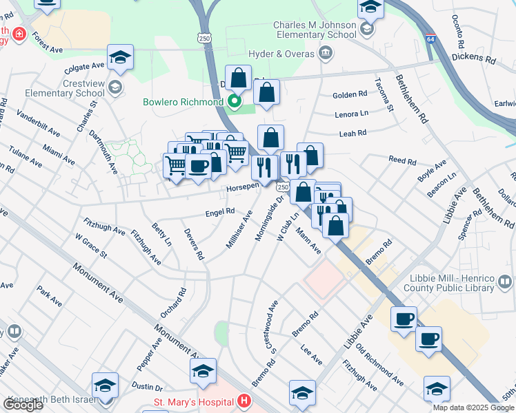map of restaurants, bars, coffee shops, grocery stores, and more near 6311 Millhiser Avenue in Richmond