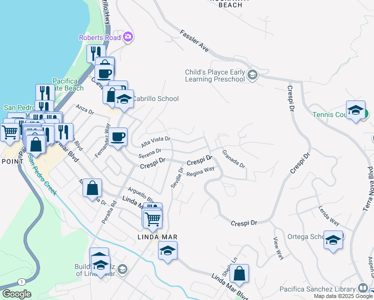 map of restaurants, bars, coffee shops, grocery stores, and more near 927 Serena Drive in Pacifica