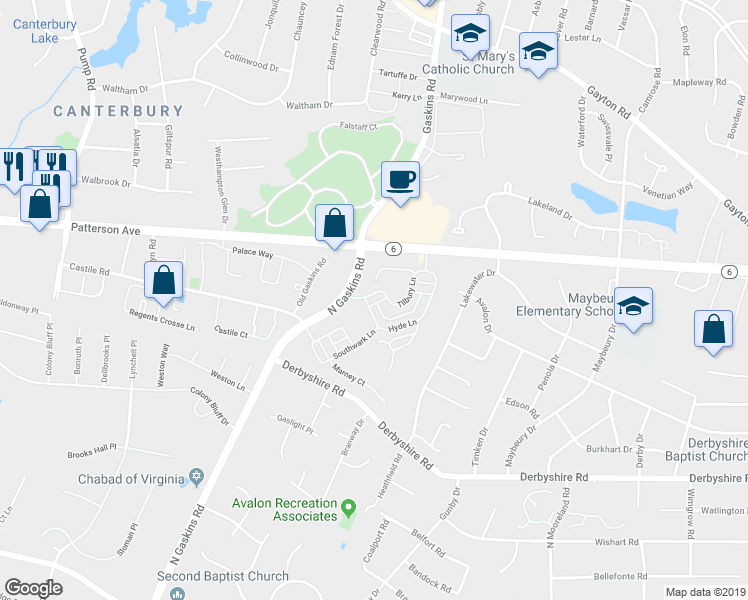 map of restaurants, bars, coffee shops, grocery stores, and more near 1203 Tilbury Lane in Henrico