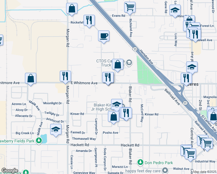 map of restaurants, bars, coffee shops, grocery stores, and more near 1578 East Whitmore Avenue in Ceres