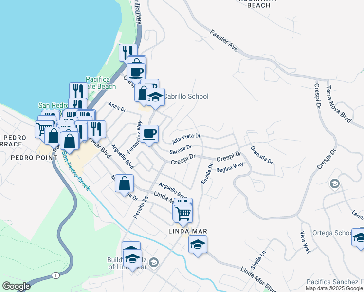 map of restaurants, bars, coffee shops, grocery stores, and more near 835 Serena Drive in Pacifica