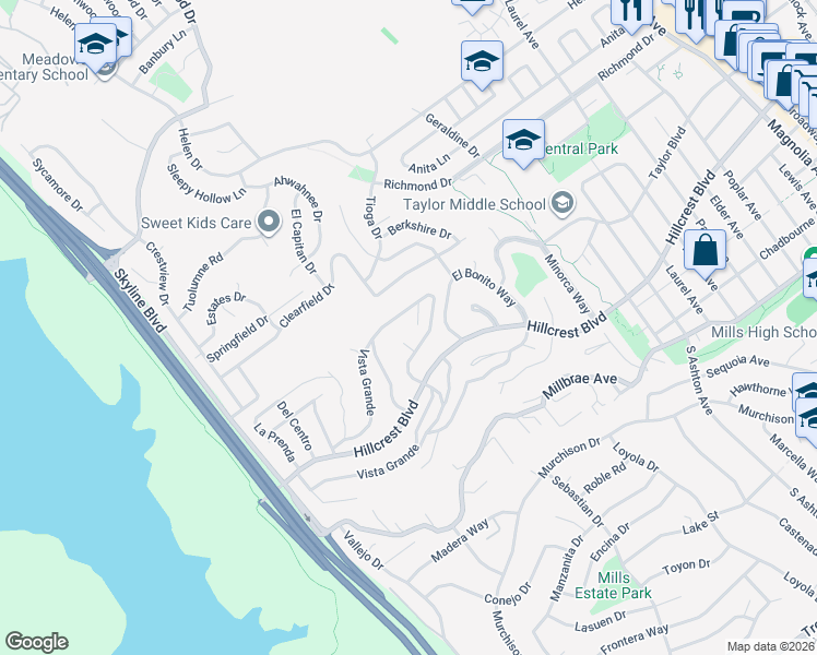 map of restaurants, bars, coffee shops, grocery stores, and more near 40 Corte Del Sol in Millbrae