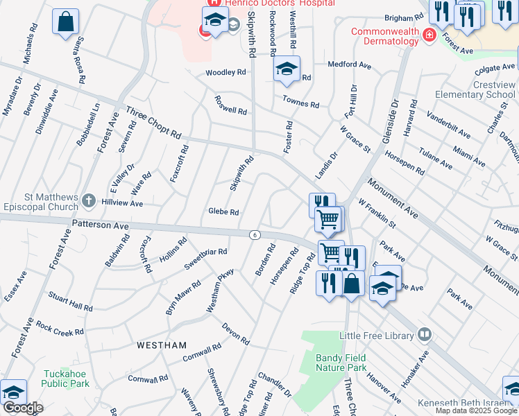 map of restaurants, bars, coffee shops, grocery stores, and more near 1109 West Durwood Crescent in Richmond