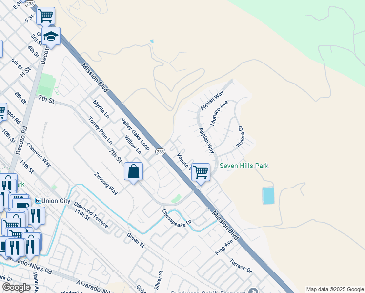 map of restaurants, bars, coffee shops, grocery stores, and more near 208 Famoso Plaza in Union City