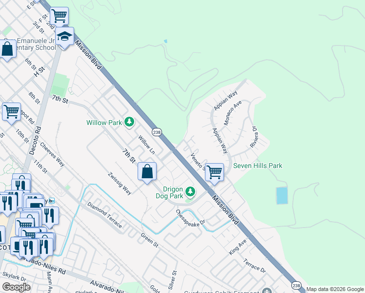 map of restaurants, bars, coffee shops, grocery stores, and more near 138 Donoso Plaza in Union City