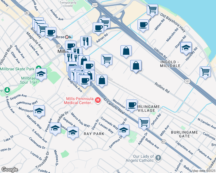 map of restaurants, bars, coffee shops, grocery stores, and more near 1733 California Drive in Burlingame