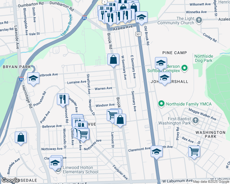 map of restaurants, bars, coffee shops, grocery stores, and more near 1209 Warren Avenue in Richmond