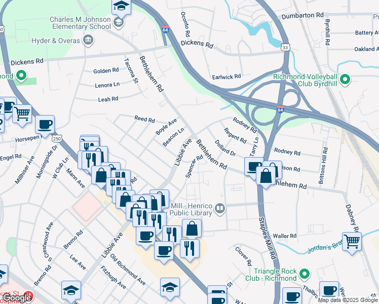 map of restaurants, bars, coffee shops, grocery stores, and more near 2407 Lehigh Circle in Richmond