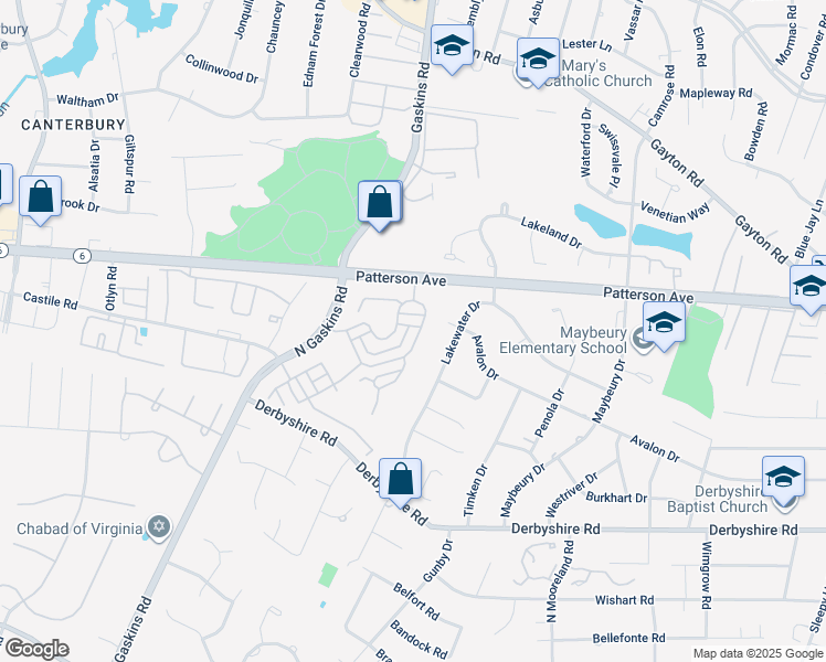 map of restaurants, bars, coffee shops, grocery stores, and more near 1216 Hyde Lane in Richmond