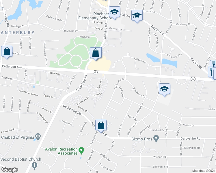 map of restaurants, bars, coffee shops, grocery stores, and more near 1219 Hyde Lane in Richmond